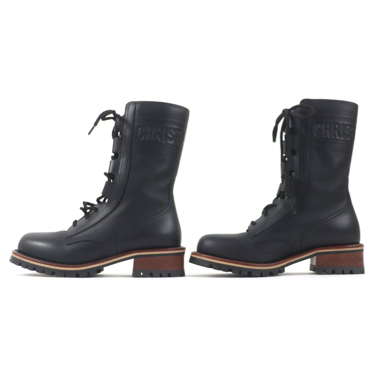 Dior Quest Logo Embossed Lace-up Combat Leather Boots Black — view 3