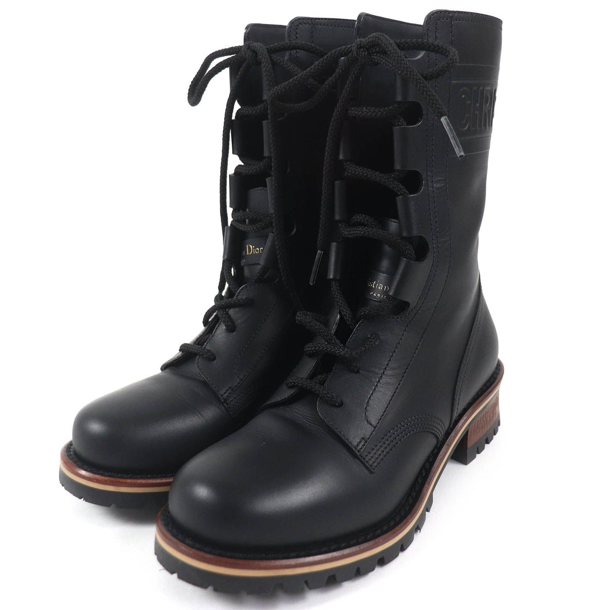 Dior Quest Logo Embossed Lace-up Combat Leather Boots Black
