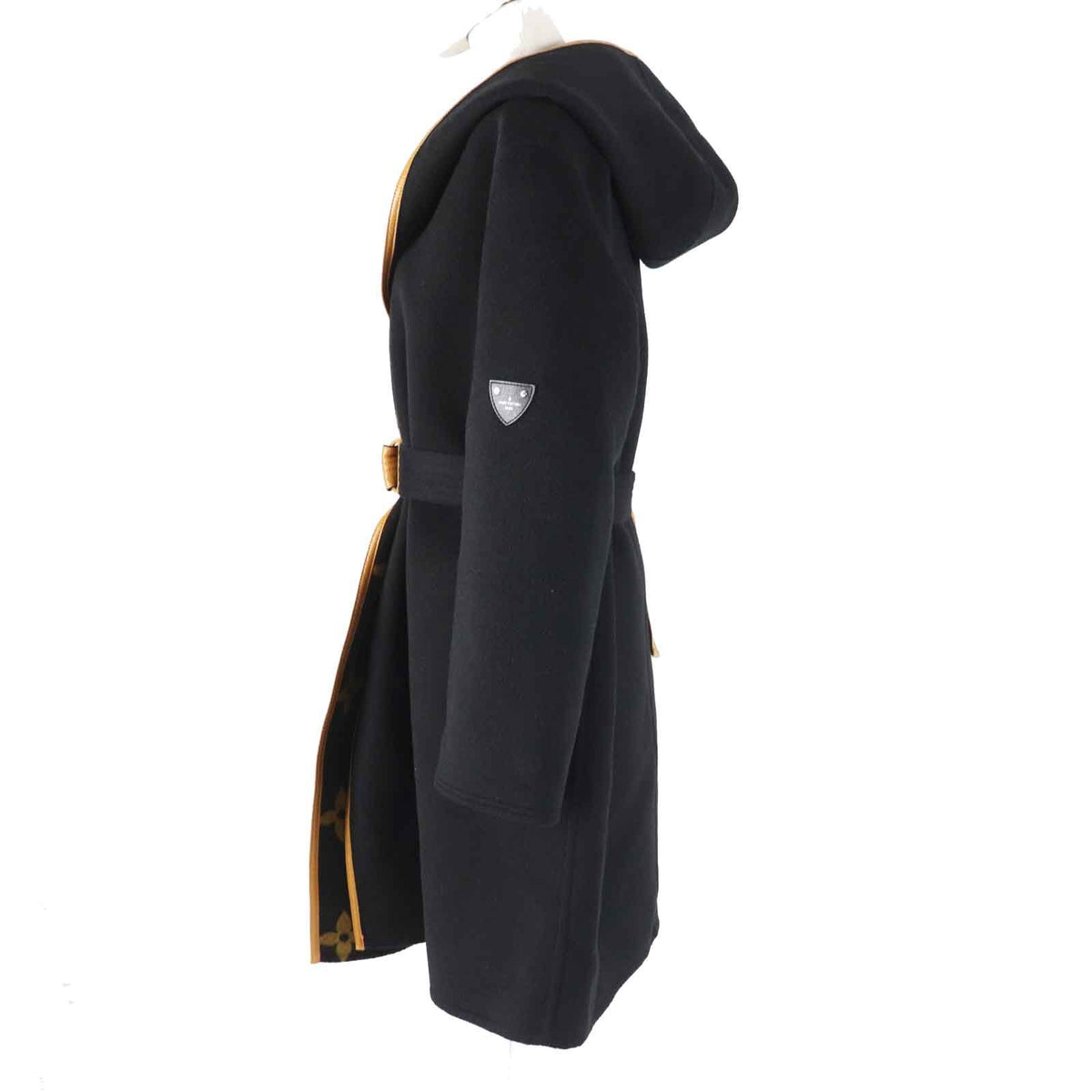 Louis Vuitton Wool Silk Giant Monogram Hooded Wrap Coat Black Brown 38 — view 3