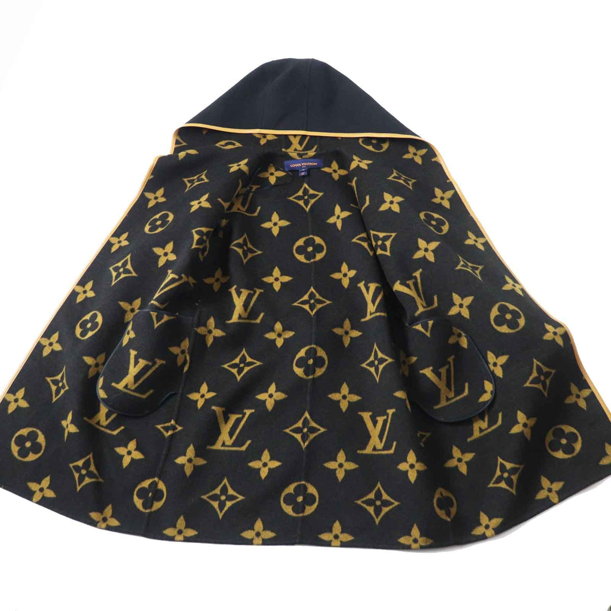 Louis Vuitton Wool Silk Giant Monogram Hooded Wrap Coat Black Brown 38 — view 6