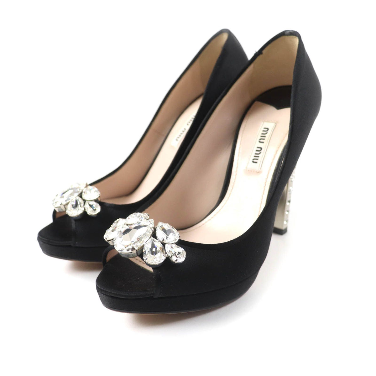 Miu Miu Open Toe Satin Pumps with Crystal Bijou Black Heels