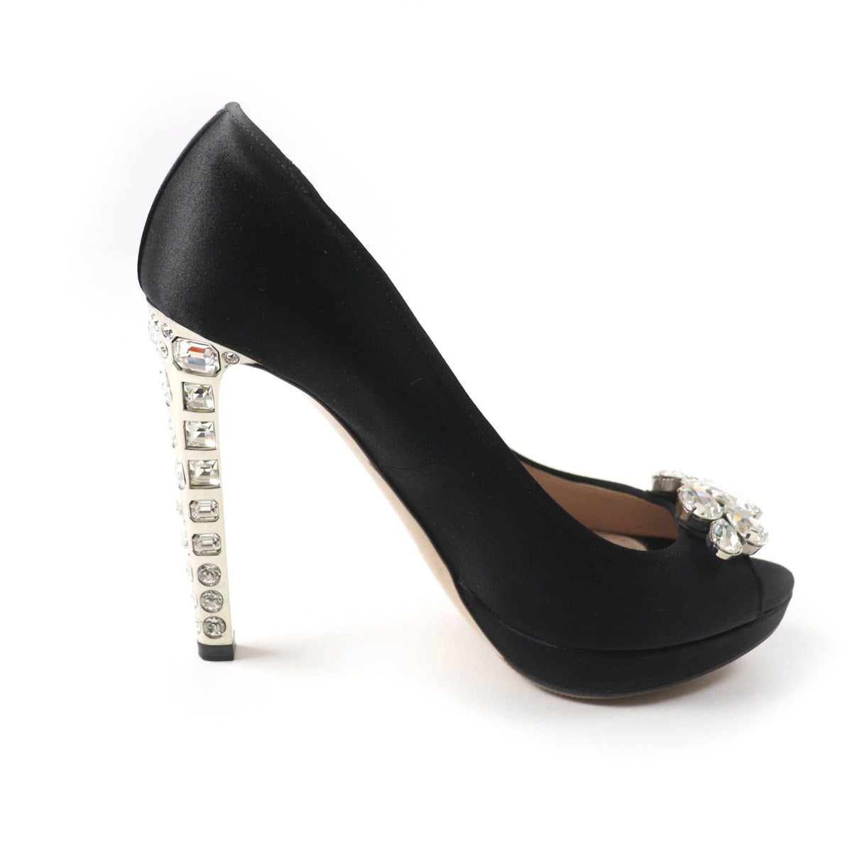 Miu Miu Open Toe Satin Pumps with Crystal Bijou Black Heels — view 5
