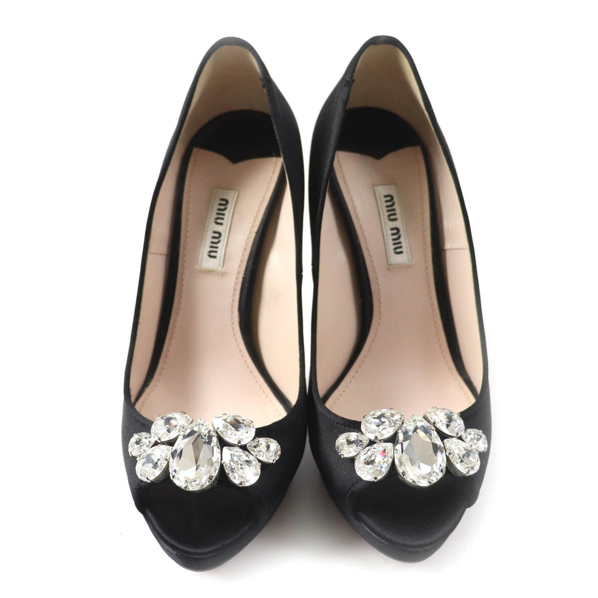 Miu Miu Open Toe Satin Pumps with Crystal Bijou Black Heels — view 3