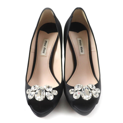 Miu Miu Open Toe Satin Pumps with Crystal Bijou Black Heels — view 3