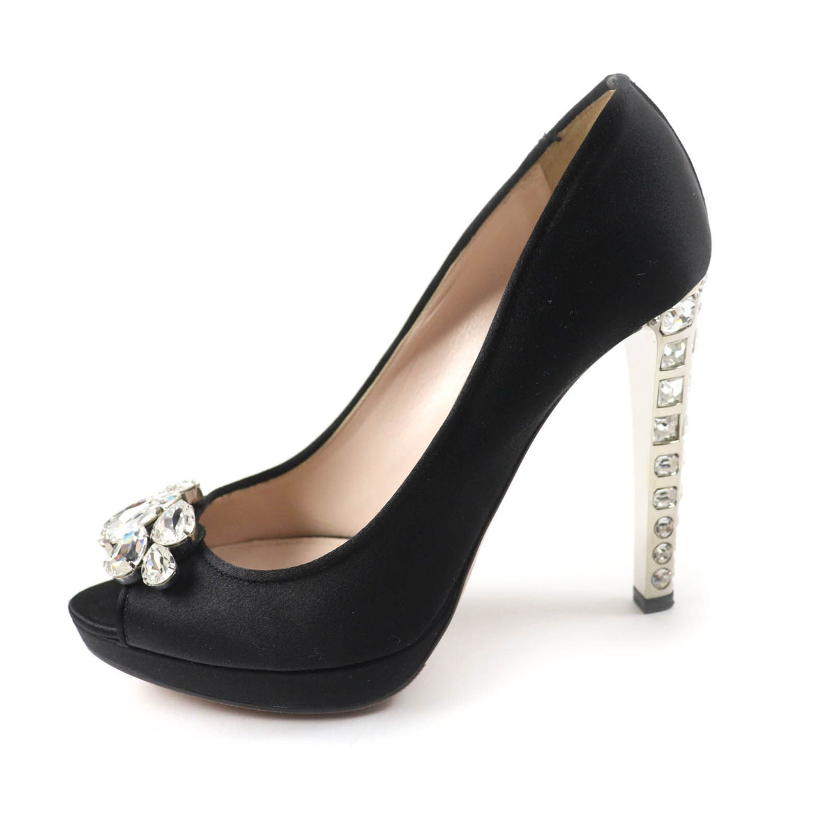 Miu Miu Open Toe Satin Pumps with Crystal Bijou Black Heels — view 4
