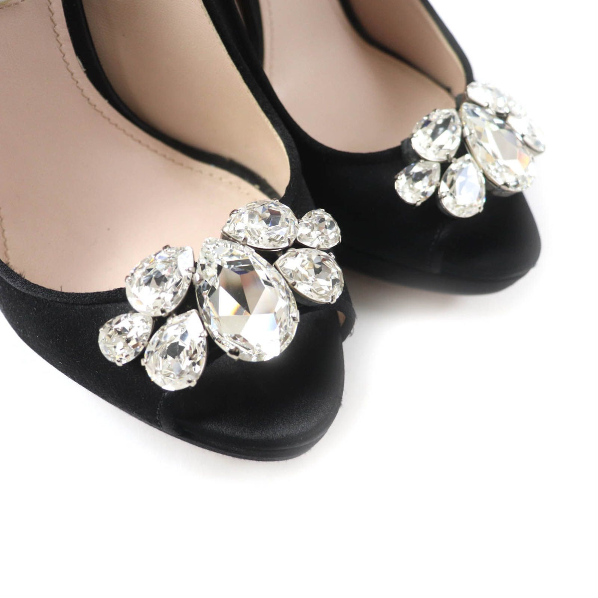 Miu Miu Open Toe Satin Pumps with Crystal Bijou Black Heels — view 7