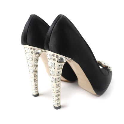 Miu Miu Open Toe Satin Pumps with Crystal Bijou Black Heels — view 2
