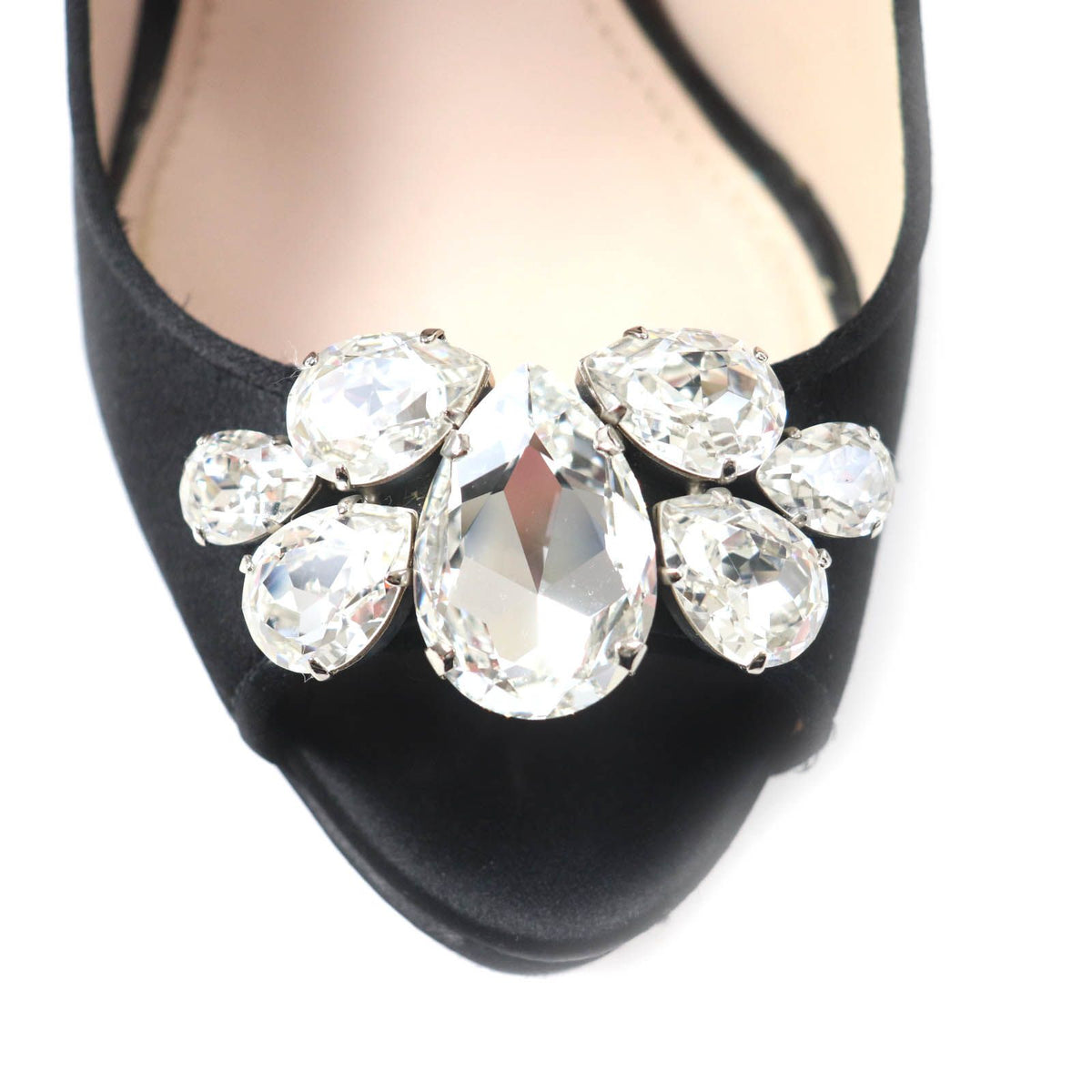 Miu Miu Open Toe Satin Pumps with Crystal Bijou Black Heels — view 8