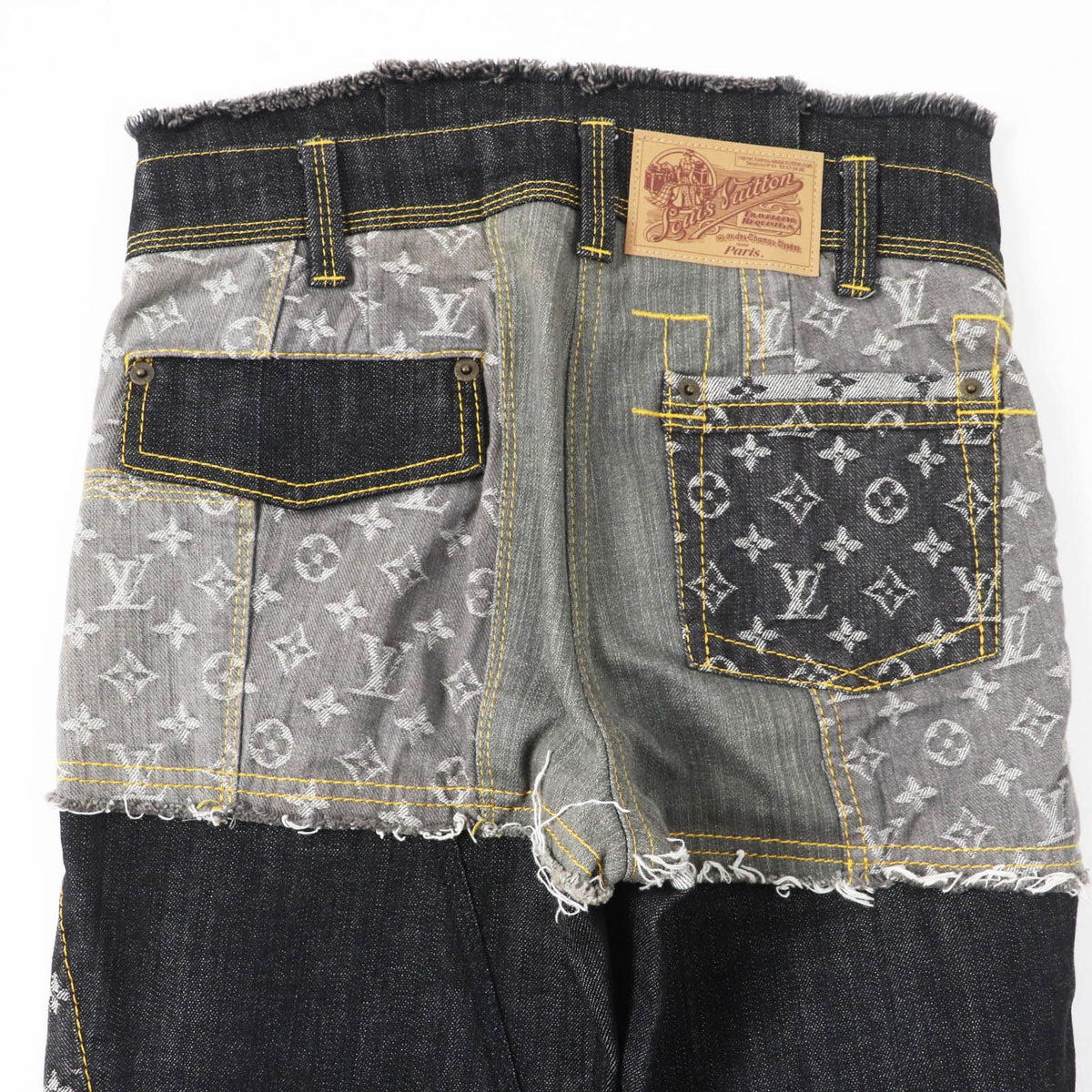 Louis Vuitton Cutoff Monogram Patchwork Denim Pants Indigo Blue Gray 34 — view 4