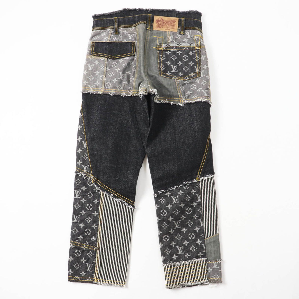 Louis Vuitton Cutoff Monogram Patchwork Denim Pants Indigo Blue Gray 34 — view 3