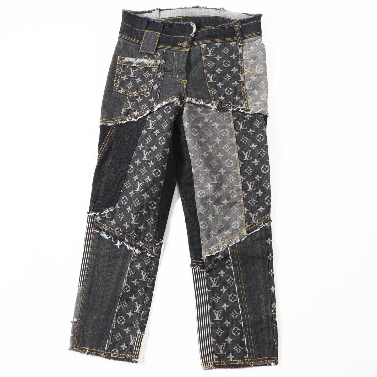 Louis Vuitton Cutoff Monogram Patchwork Denim Pants Indigo Blue Gray 34