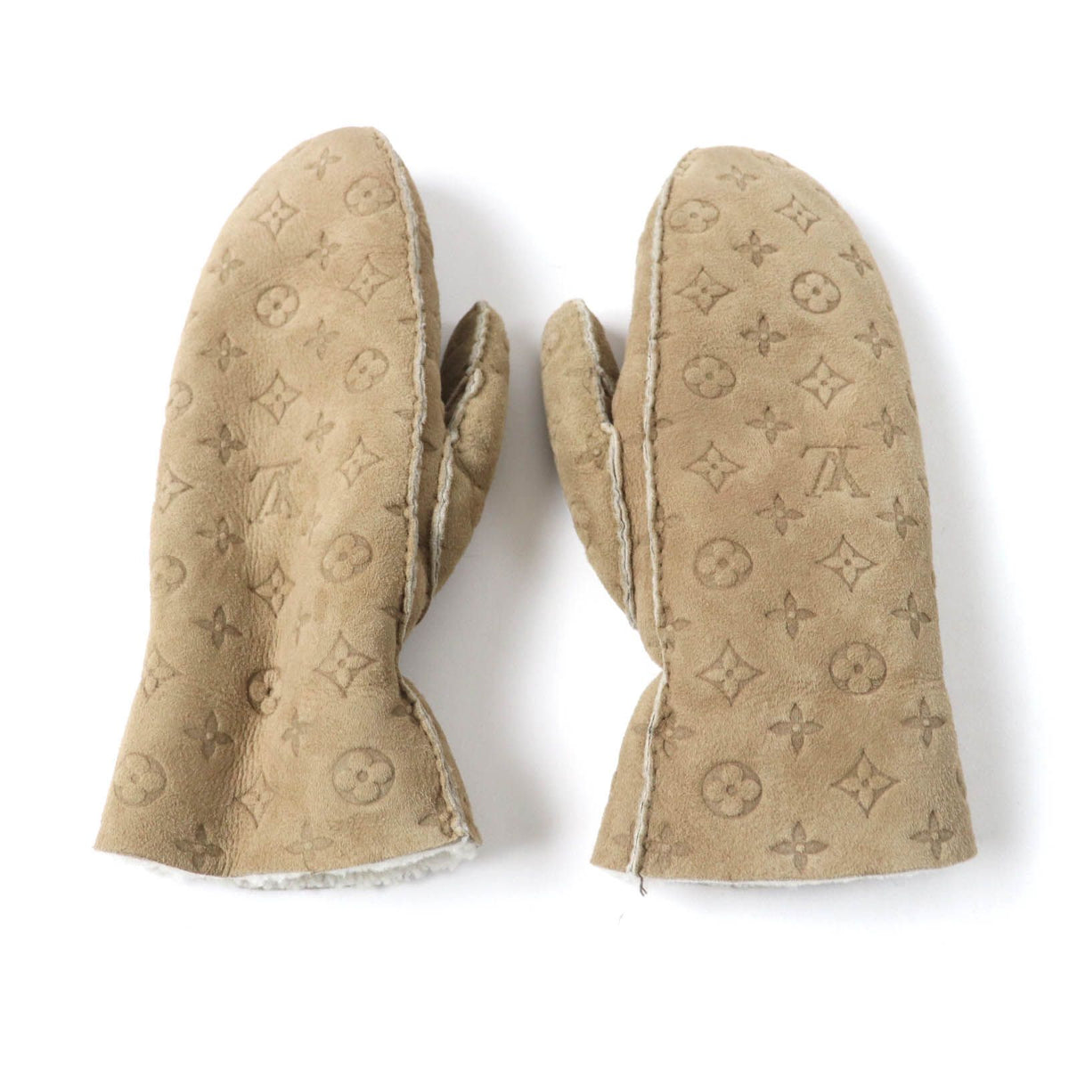 Louis Vuitton Muff Shearling Lamb Monogram Mittens Gloves Beige — view 2
