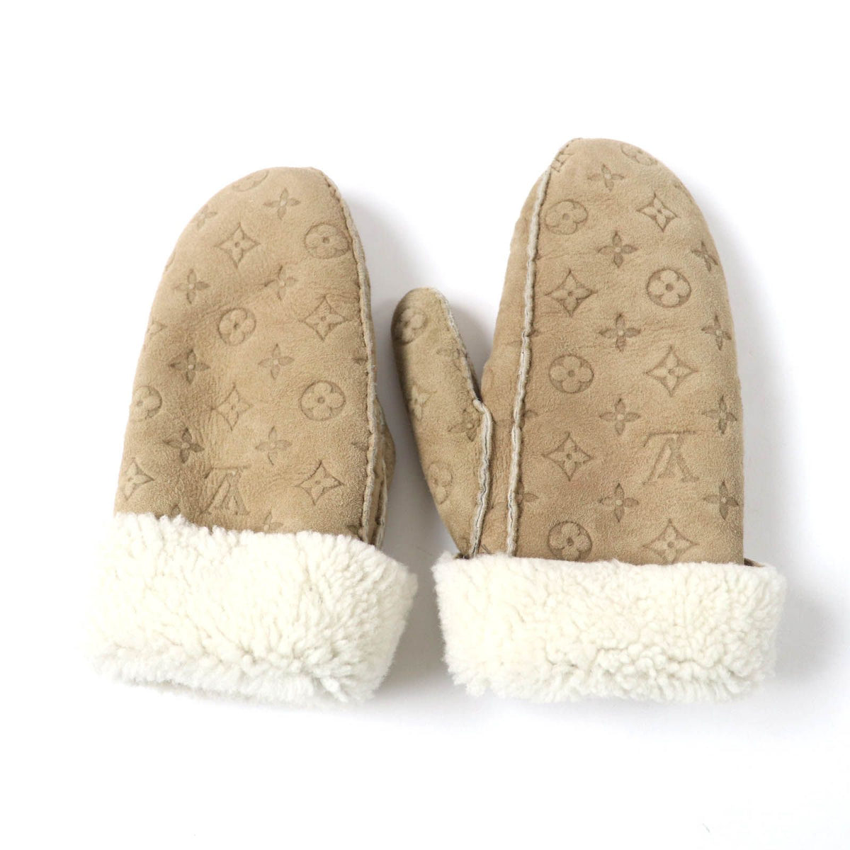 Louis Vuitton Muff Shearling Lamb Monogram Mittens Gloves Beige — view 6