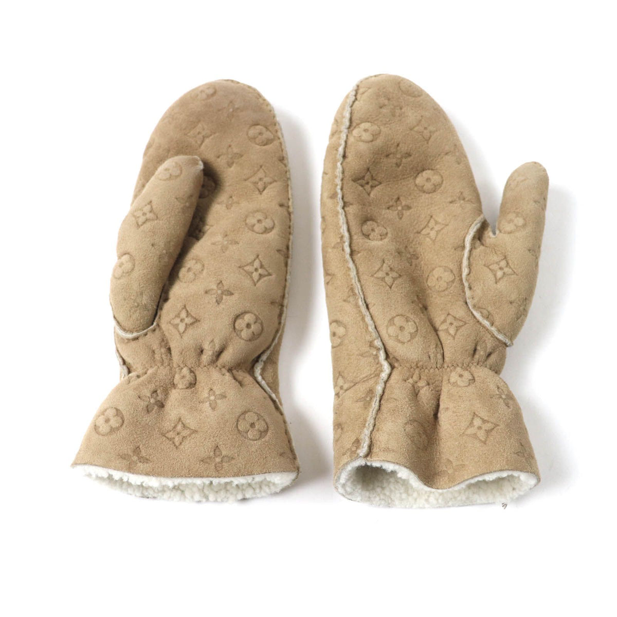 Louis Vuitton Muff Shearling Lamb Monogram Mittens Gloves Beige — view 3