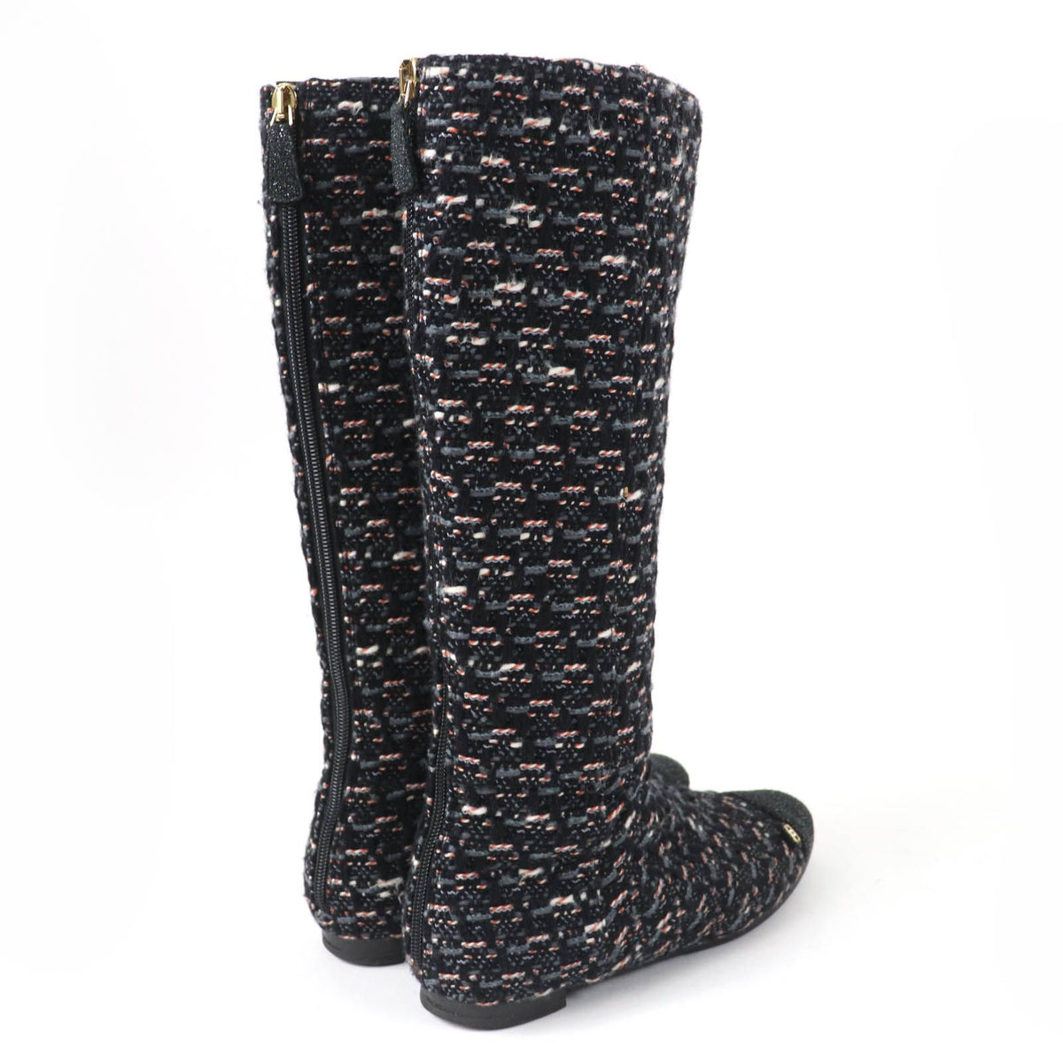 Chanel CC Logo Back Zip Tweed Flat Long Boots Multicolor — view 2