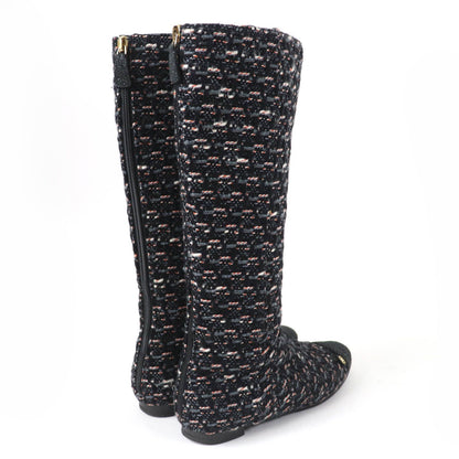 Chanel CC Logo Back Zip Tweed Flat Long Boots Multicolor — view 2