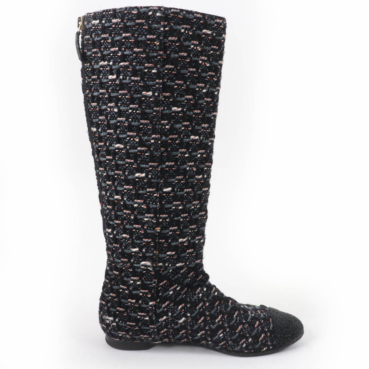Chanel CC Logo Back Zip Tweed Flat Long Boots Multicolor — view 5