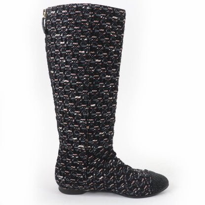 Chanel CC Logo Back Zip Tweed Flat Long Boots Multicolor — view 5
