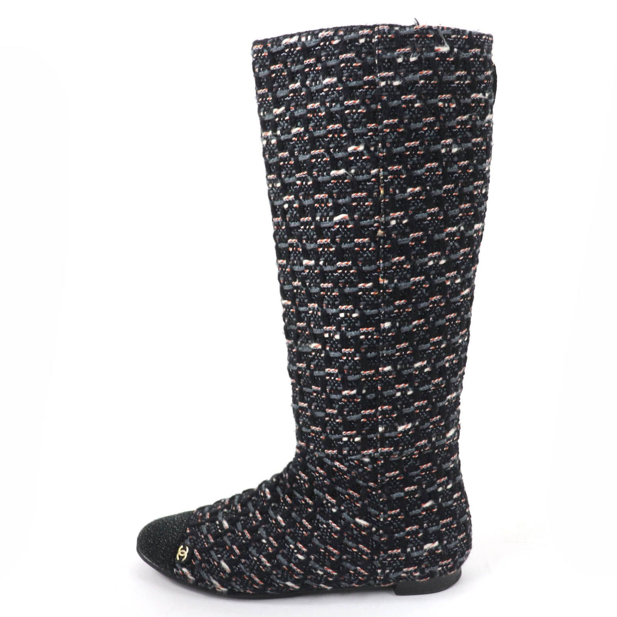 Chanel CC Logo Back Zip Tweed Flat Long Boots Multicolor — view 4