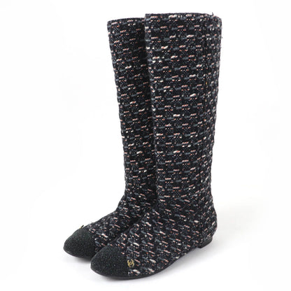 Chanel CC Logo Back Zip Tweed Flat Long Boots Multicolor
