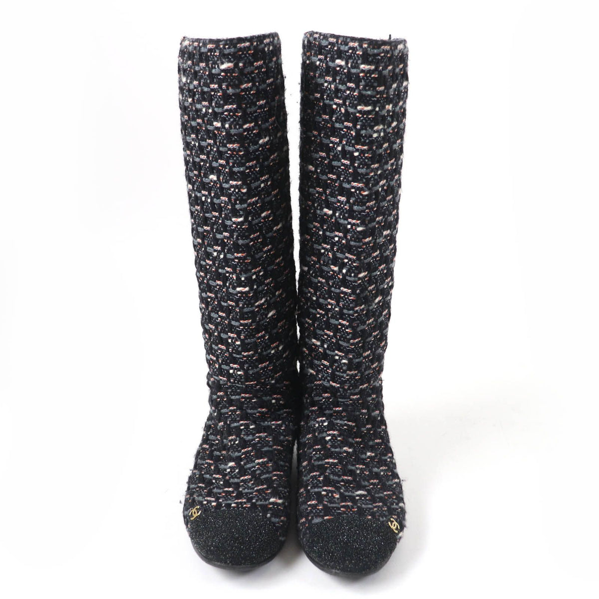 Chanel CC Logo Back Zip Tweed Flat Long Boots Multicolor — view 3
