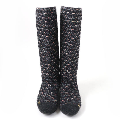 Chanel CC Logo Back Zip Tweed Flat Long Boots Multicolor — view 3