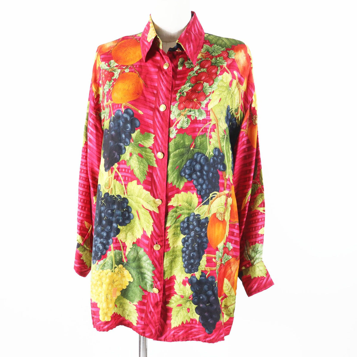 Gucci Vintage Tom Ford Era Silk 100% Fruit Print Long Sleeve Shirt with Gold