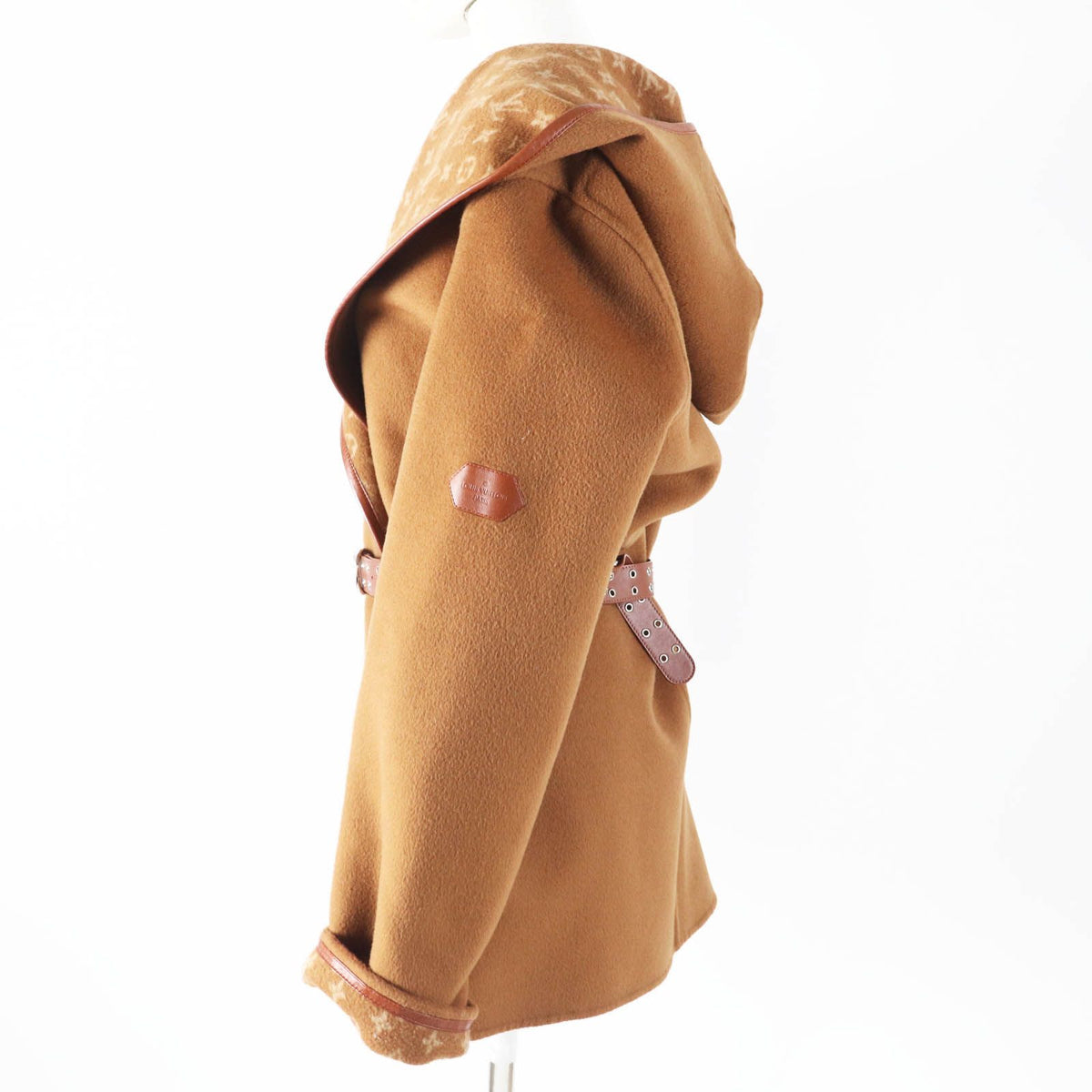 Louis Vuitton Silk Blend Monogram Pattern Hooded Wrap Coat Camel Garment 42 — view 3