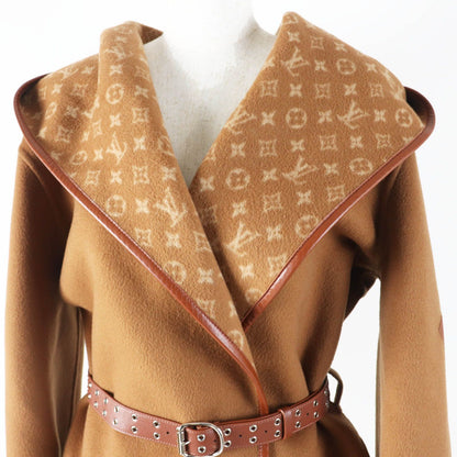 Louis Vuitton Silk Blend Monogram Pattern Hooded Wrap Coat Camel Garment 42 — view 2