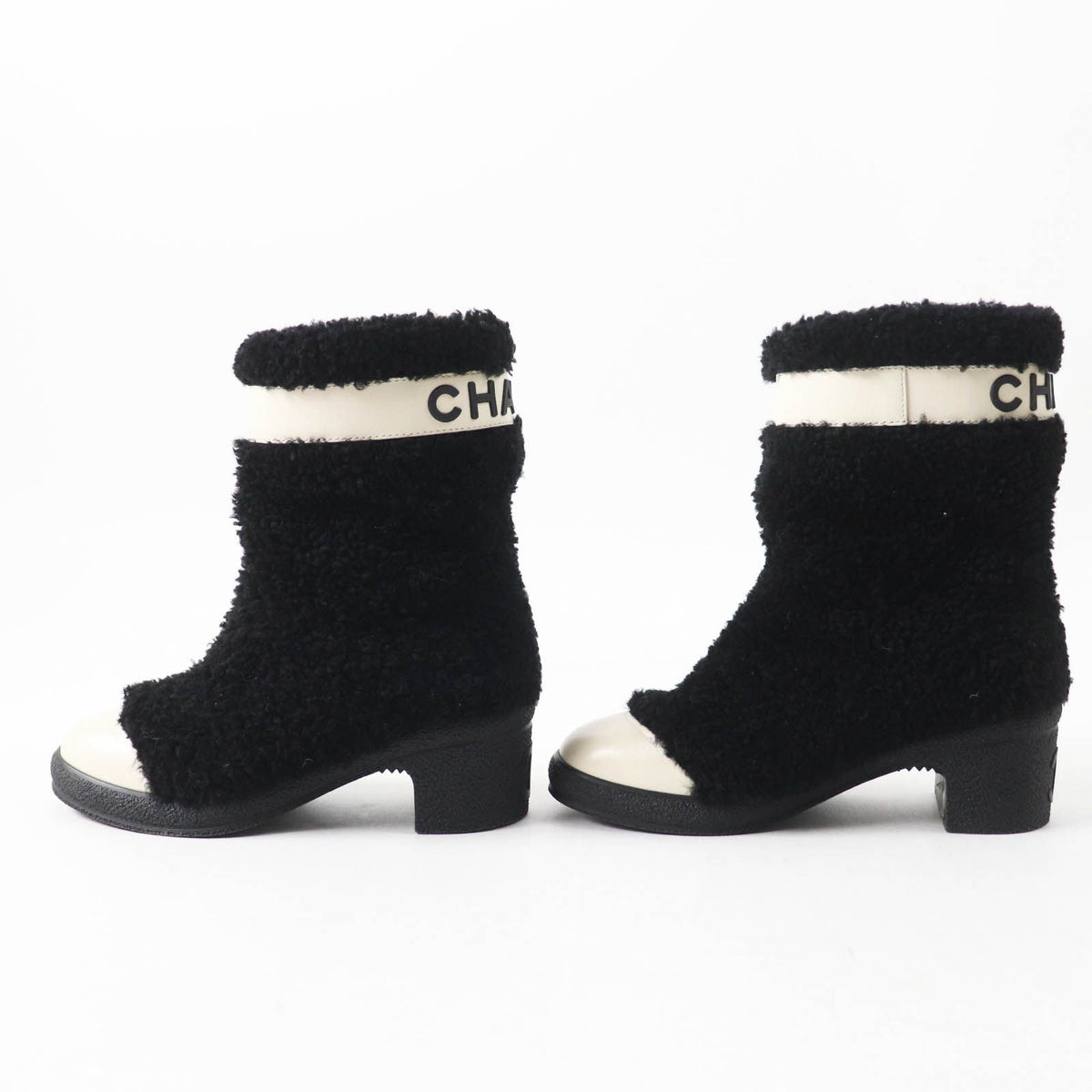 Chanel CC Logo Leather Shearling Boots Short Black White — view 3