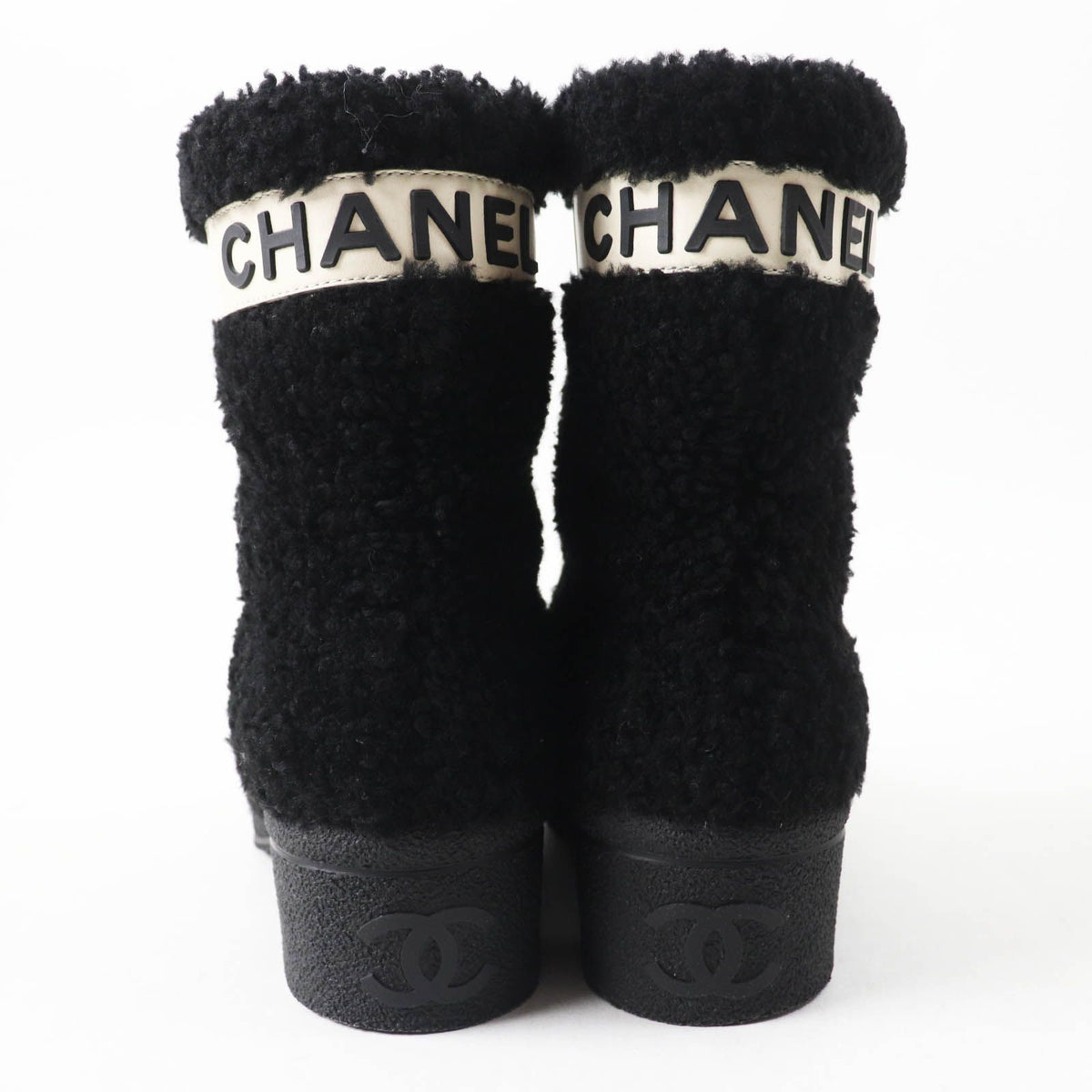 Chanel CC Logo Leather Shearling Boots Short Black White — view 2