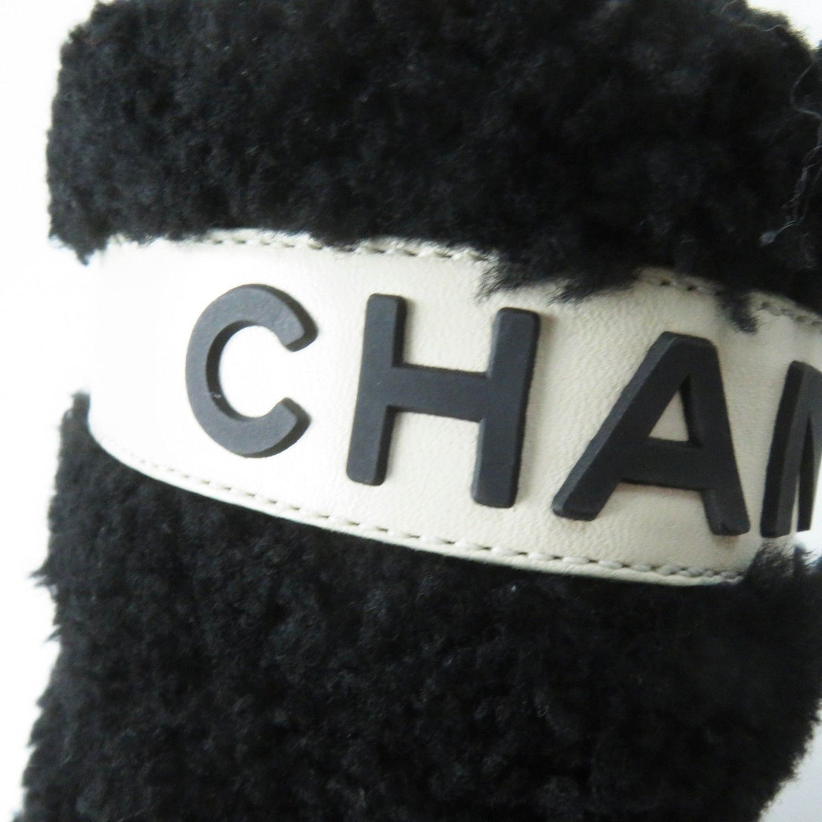 Chanel CC Logo Leather Shearling Boots Short Black White — view 6