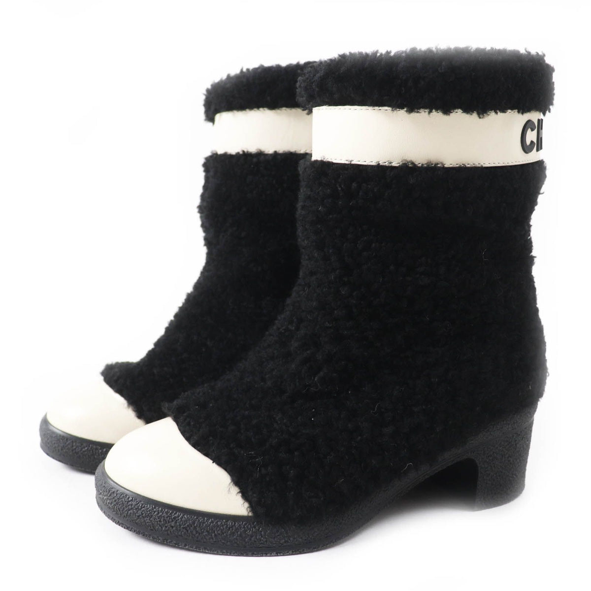 Chanel CC Logo Leather Shearling Boots Short Black White