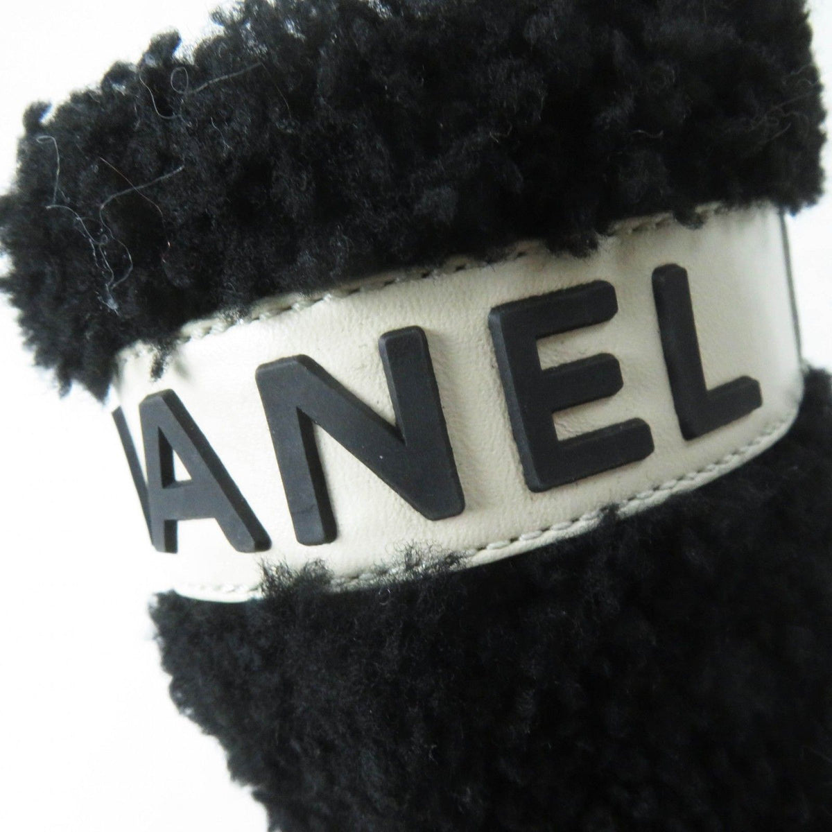 Chanel CC Logo Leather Shearling Boots Short Black White — view 7