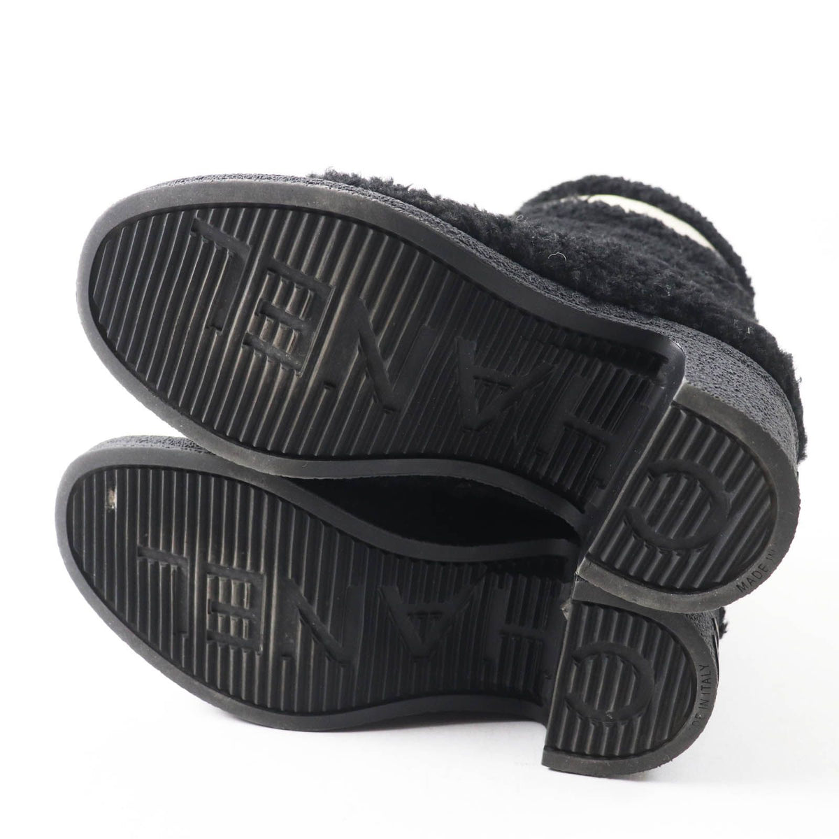 Chanel CC Logo Leather Shearling Boots Short Black White — view 4
