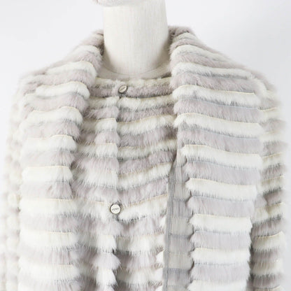 Fendi Mink Silk Shawl with Logo Button 2-Way Collarless Jacket Gray White 42 — view 2