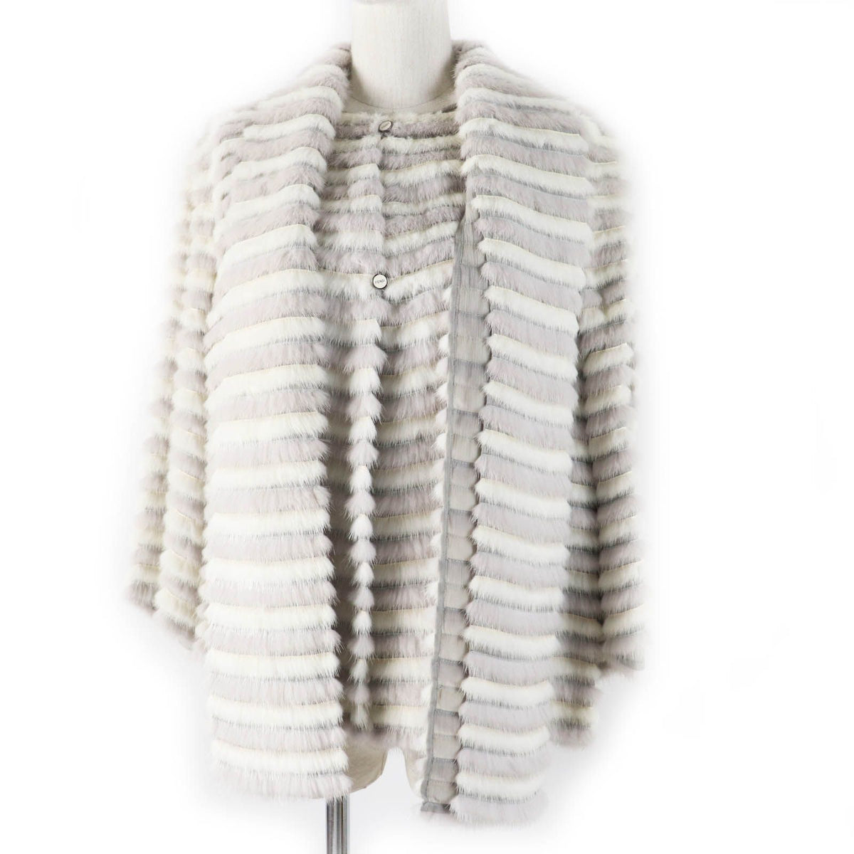 Fendi Mink Silk Shawl with Logo Button 2-Way Collarless Jacket Gray White 42