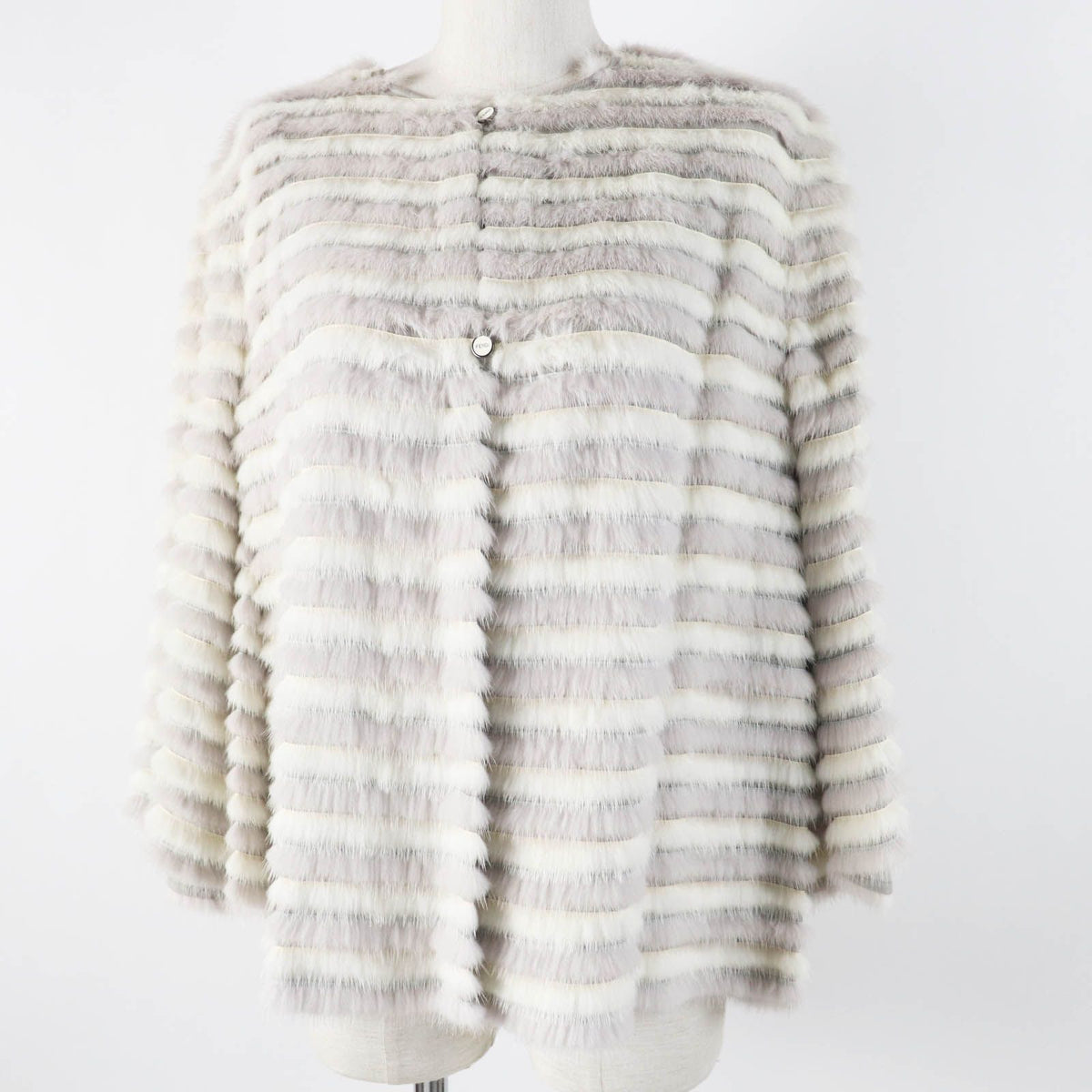 Fendi Mink Silk Shawl with Logo Button 2-Way Collarless Jacket Gray White 42 — view 3