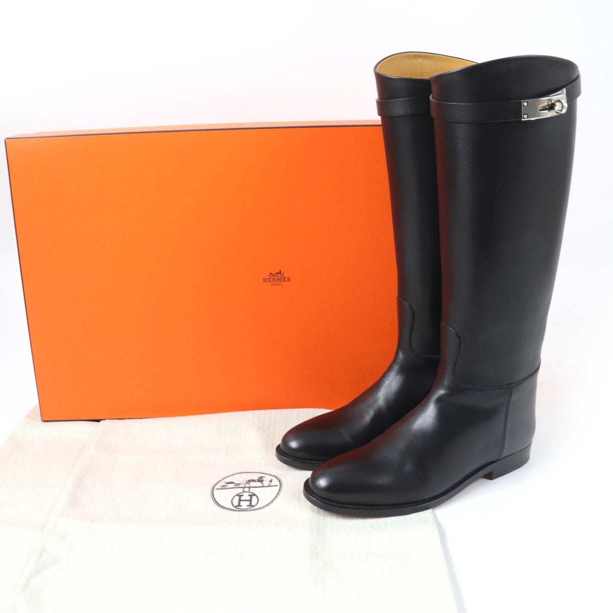 Hermes Silver Kelly Buckle Leather Jumping Long Boots Black — view 2