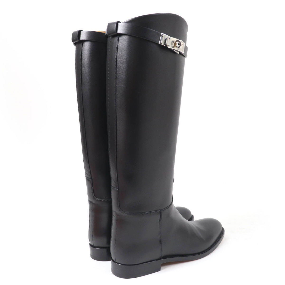 Hermes Silver Kelly Buckle Leather Jumping Long Boots Black — view 3