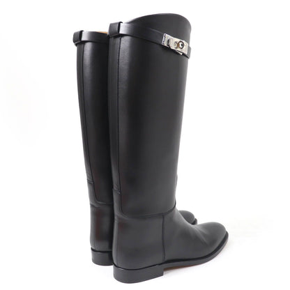 Hermes Silver Kelly Buckle Leather Jumping Long Boots Black — view 3