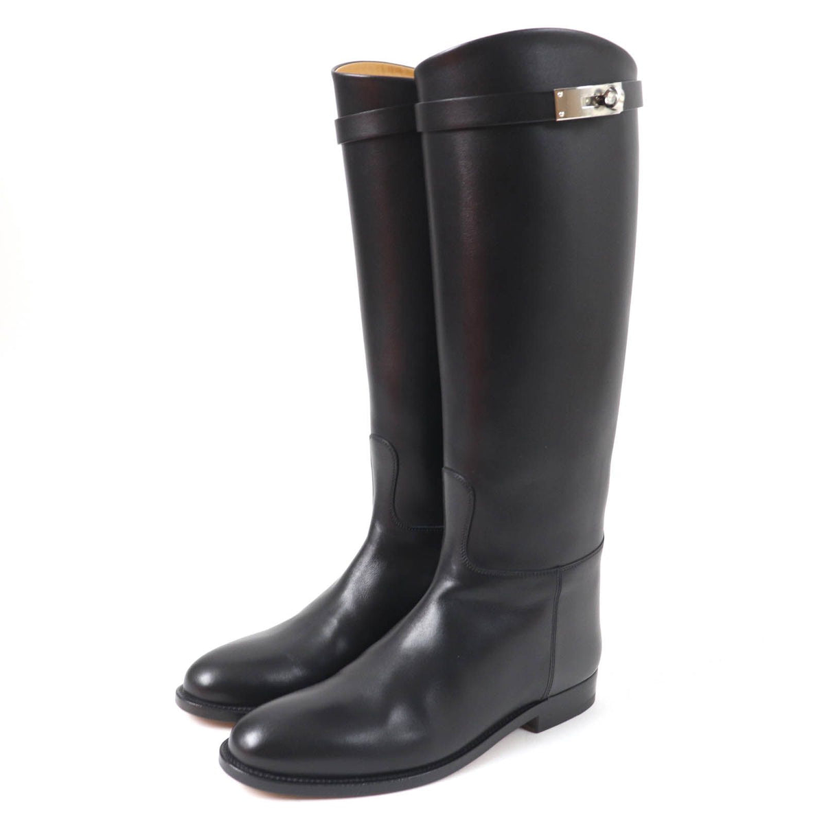 Hermes Silver Kelly Buckle Leather Jumping Long Boots Black