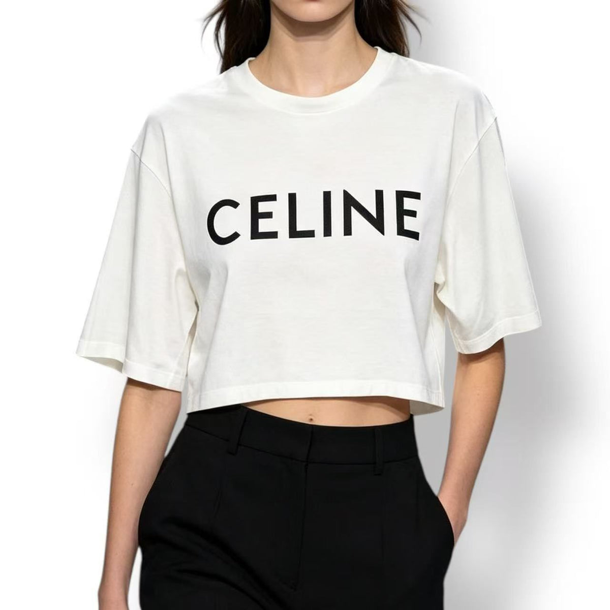 Celine Cropped T-Shirt Logo White