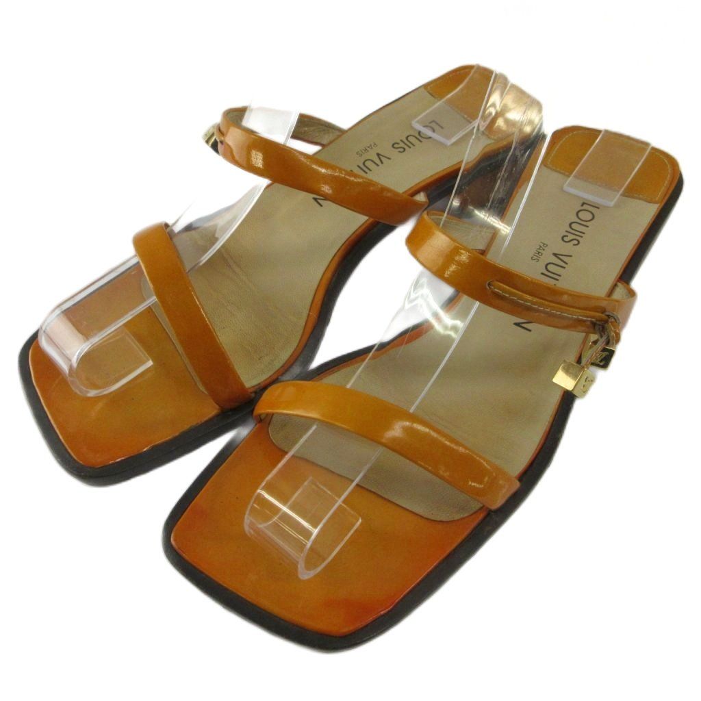 Louis Vuitton Sandals Enamel Square Toe Low Heels Cube Charm Orange