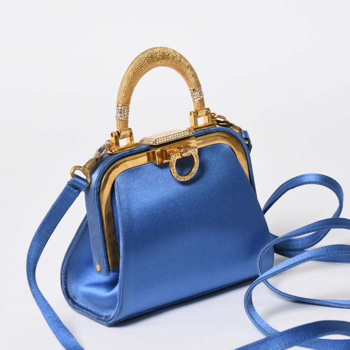Dior Vintage Mini Kiss Lock Satin Purse Blue Gold — view 3