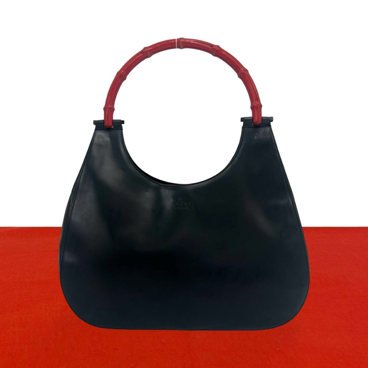 Gucci Bamboo Logo Leather Bag Handbag Black Red