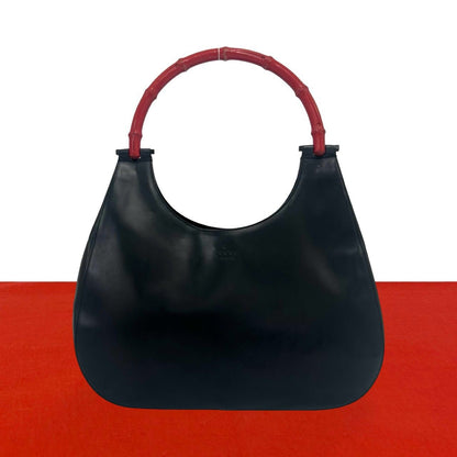 Gucci Bamboo Logo Leather Bag Handbag Black Red