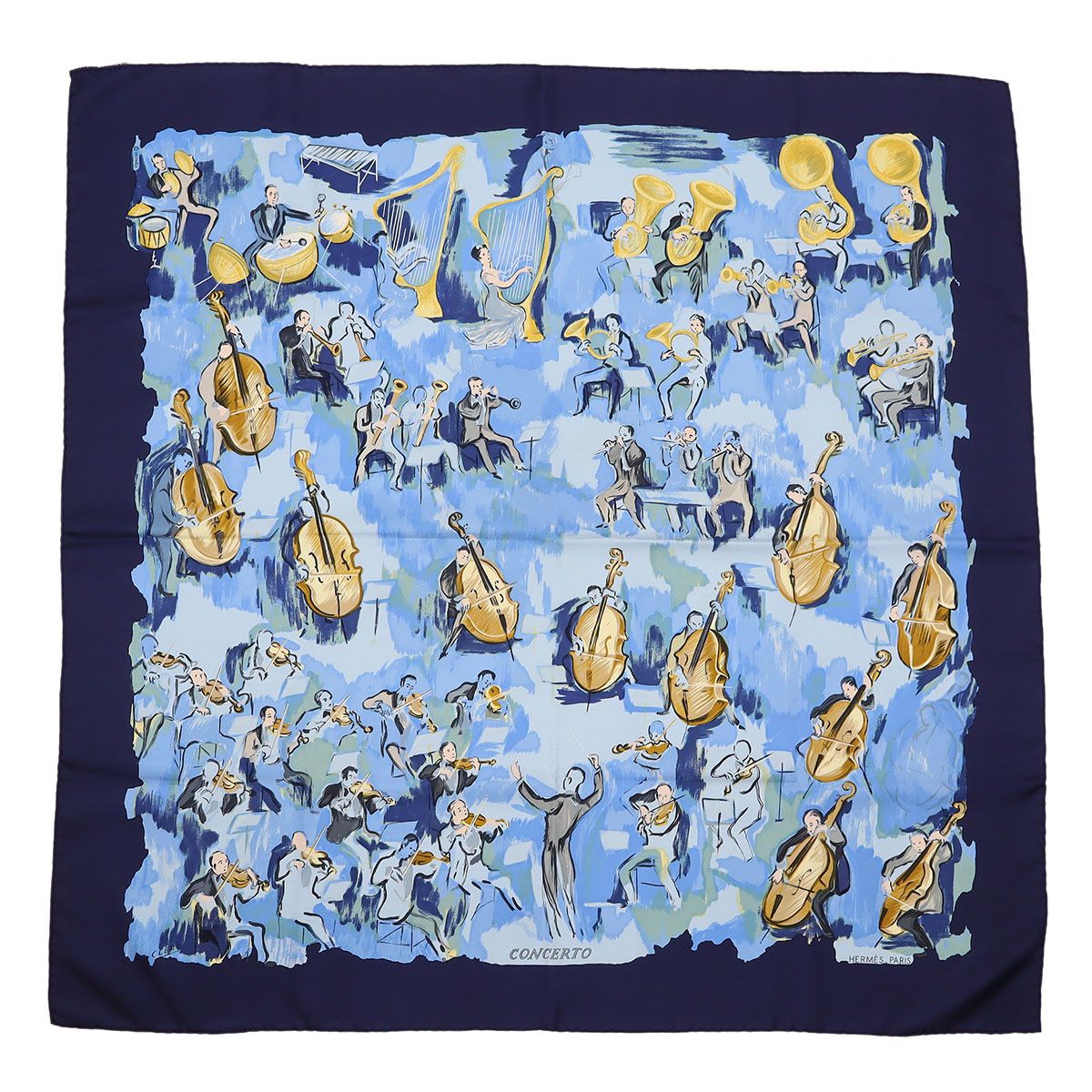 Hermes Carre 90 Scarf Large Concerto Silk 100% Navy Blue Multicolor