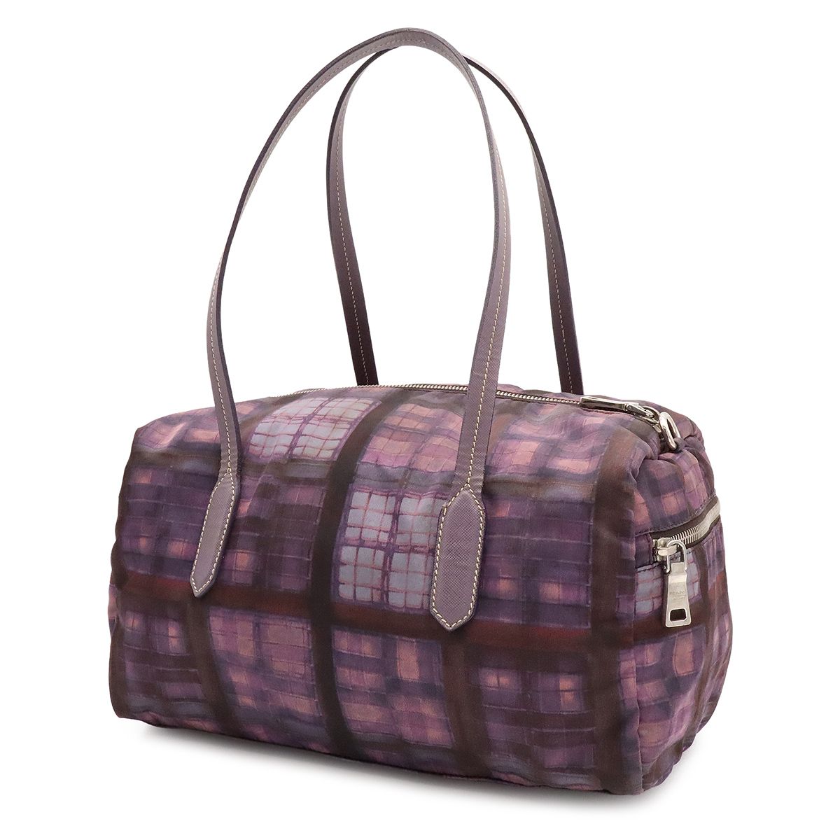 Prada Triangle Logo Plaid Mini Boston Bag Nylon Leather Purple Silver — view 2