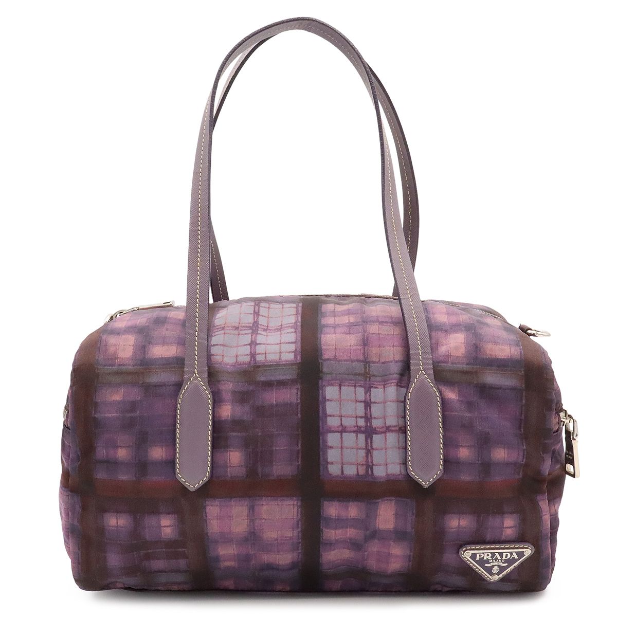Prada Triangle Logo Plaid Mini Boston Bag Nylon Leather Purple Silver